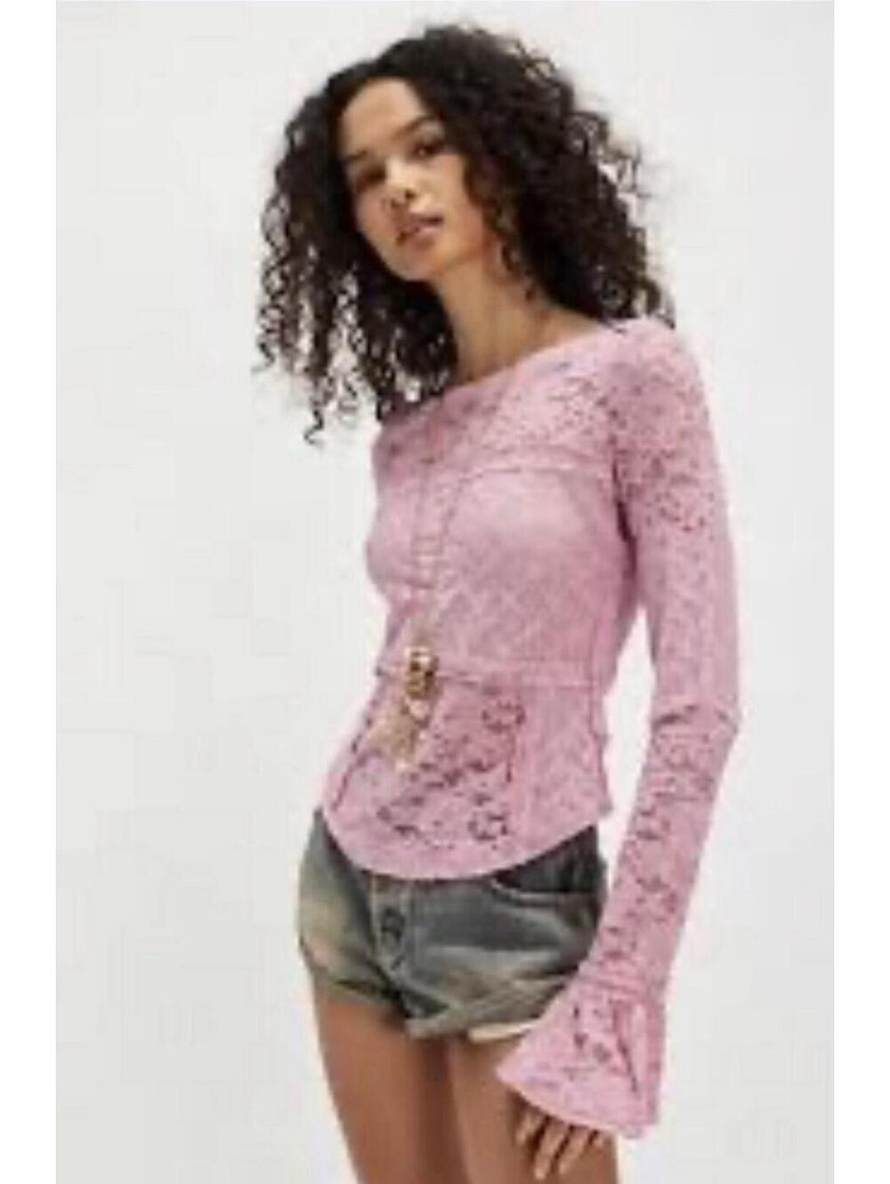 NWT FREE PEOPLE Sheer Lace Flared Long Sleeve Top Small Pink NEW